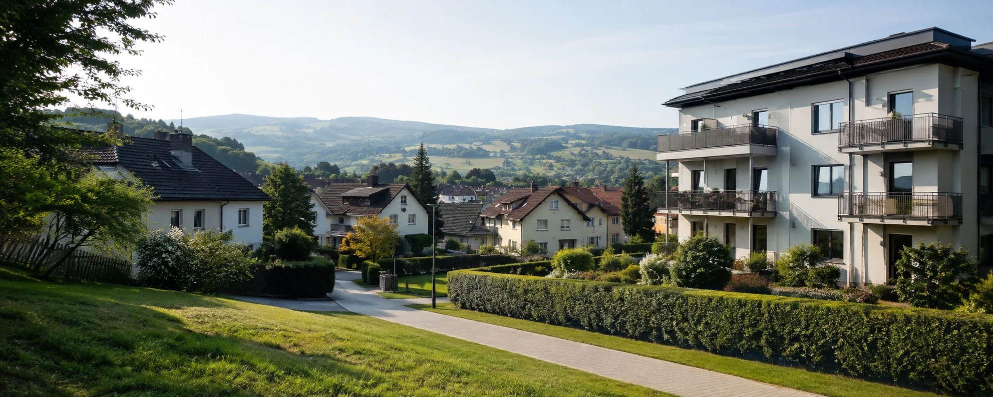 Österreichische Wohnregion mit Einfamilienhäusern, Mehrfamilienhaus und grünen Hügeln