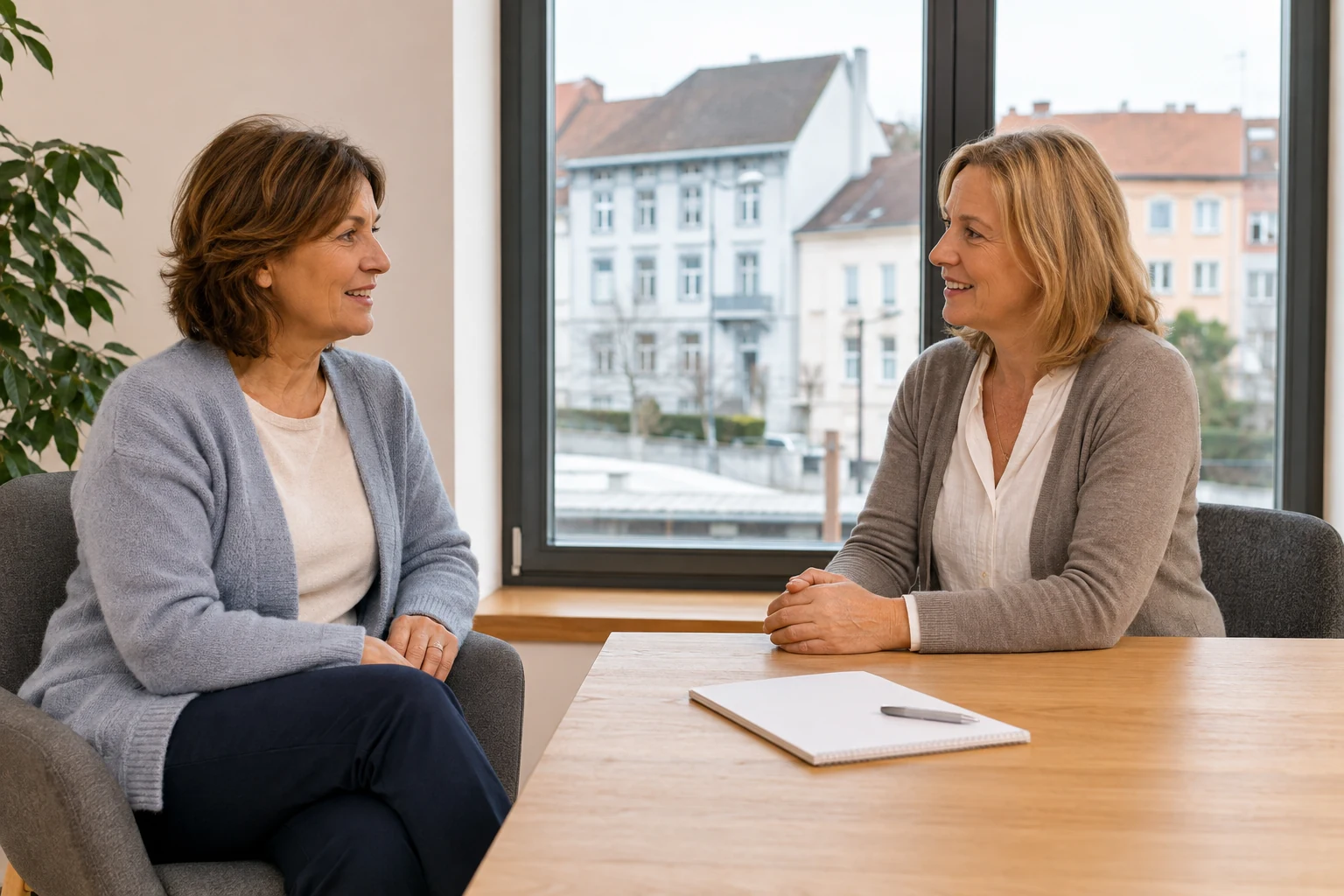 Zwei berufserfahrene Frauen sprechen über eine mögliche Mitarbeit im Immobilienverkauf