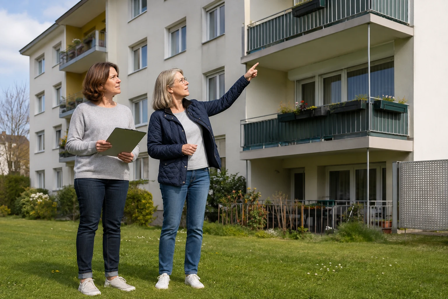 Zwei Frauen nehmen gemeinsam Merkmale eines Mehrfamilienhauses auf