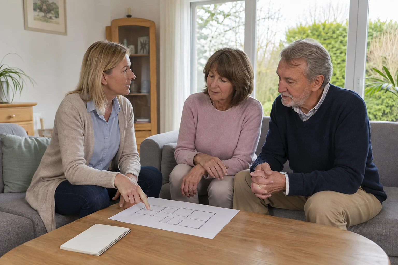 Immobilienmitarbeiterin spricht mit einem Eigentümerpaar über dessen Wohnhaus